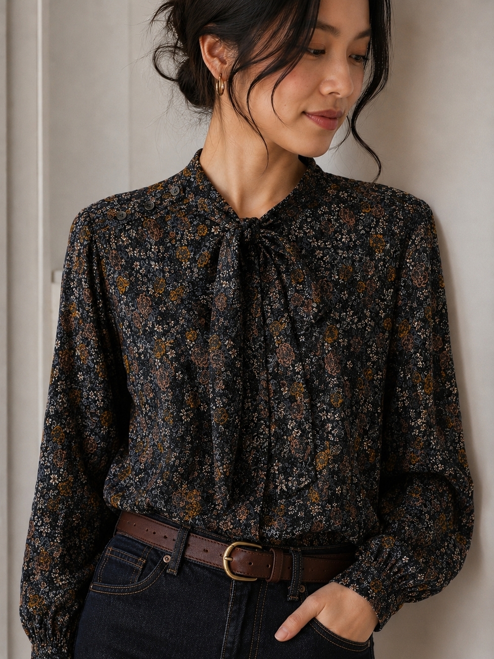 Floral Tie-Neck Long Sleeve Top | SZ Medium